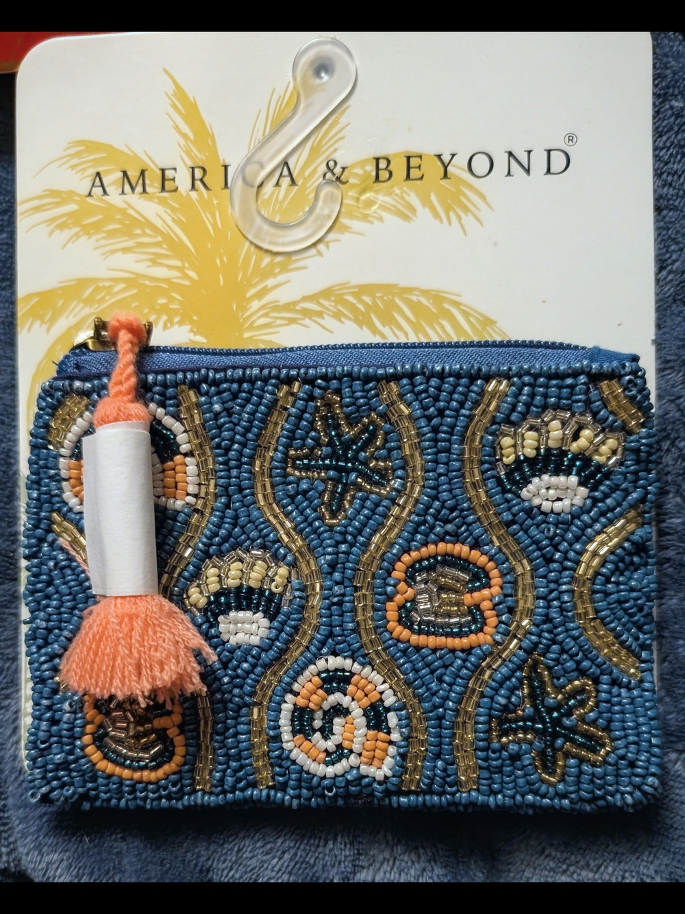 America & Beyond Blue Beaded Cosmetic Pouch with Coral Tassel
